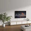 Modern White TV Stand With Flat Screen TV Green Plant And Wooden Floor
