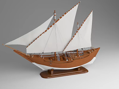 Handcrafted Wooden Sailboat Model With White Sails And Brown Hull On Wooden Base 3d model