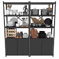 Organized Kitchenware Storage On Black Shelves With Pots Pans White Bowls And Cutting Boards