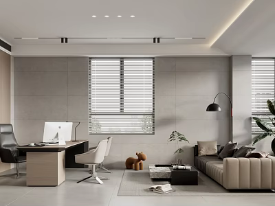 Modern Office Interior With Desk Computer Chair Sofa Coffee Table And Plants 3d model