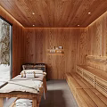 Luxury SPA Sauna With Wooden Walls Ceiling Snow View Window Massage Bed And Benches