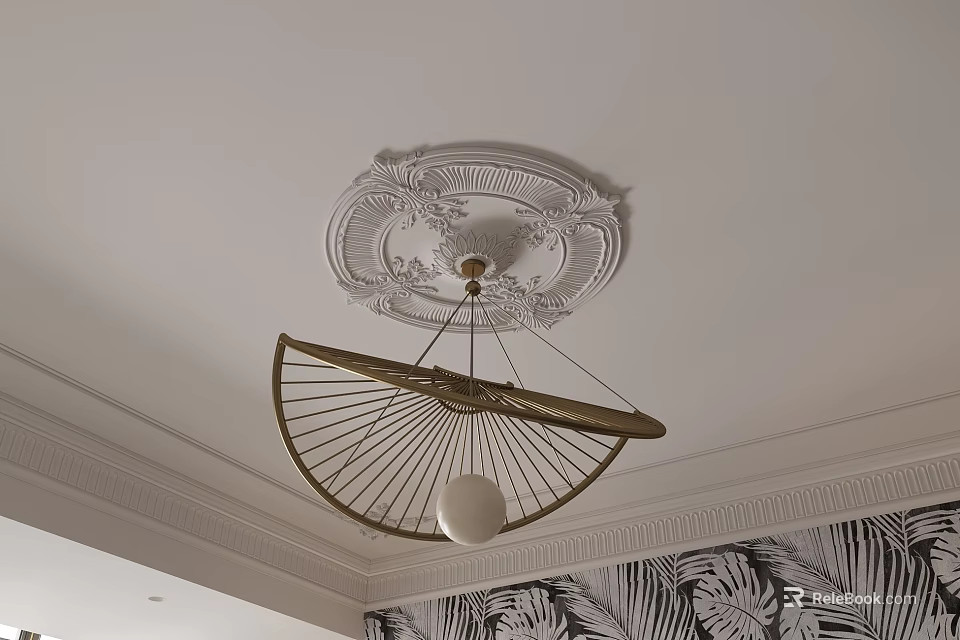 Modern Golden Metal Chandelier With White Globe Shade Ceiling Medallion And Leaf Pattern Wallpaper 3d model 