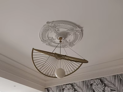 Modern Golden Metal Chandelier With White Globe Shade Ceiling Medallion And Leaf Pattern Wallpaper 3d model