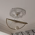 Modern Golden Metal Chandelier With White Globe Shade Ceiling Medallion And Leaf Pattern Wallpaper