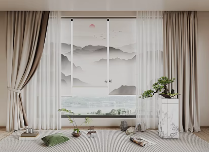 New Chinese Curtain Fabric Curtain 3d model