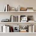 Variety of Books and Magazines on Multiple Shelves with Stacked Standing and Open Book