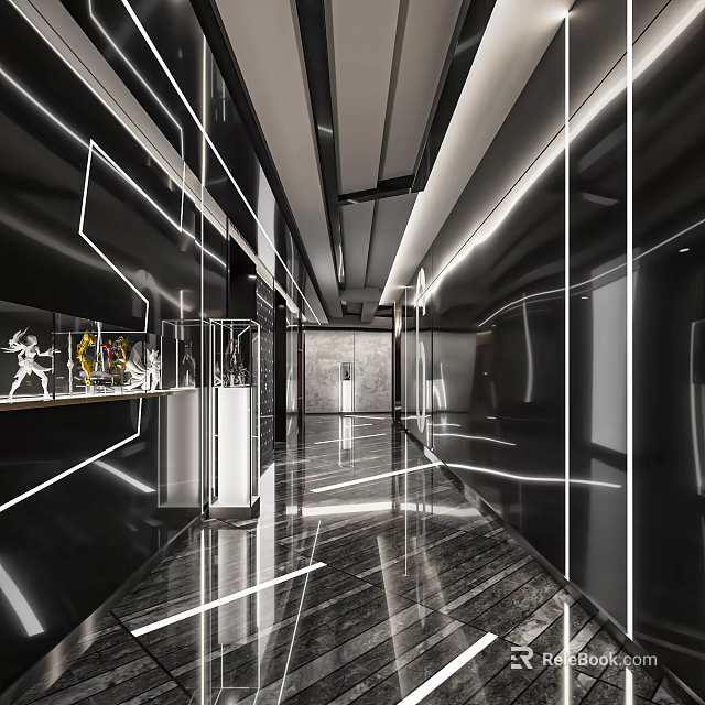 Modern Hotel Corridor With Marble Flooring LED Strip Lights And Glass Display Cabinets 3d model 
