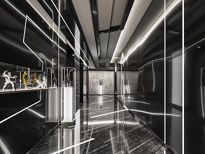 Modern Hotel Corridor With Marble Flooring LED Strip Lights And Glass Display Cabinets 3d model