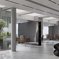 Modern Beauty Hairdressing Salon Interior With Glass Walls Green Plants Gray Columns And Reception Desk