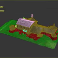 Scenic Residential Model House Landscape With Gray Roof Chimneys Green Grass And Trees