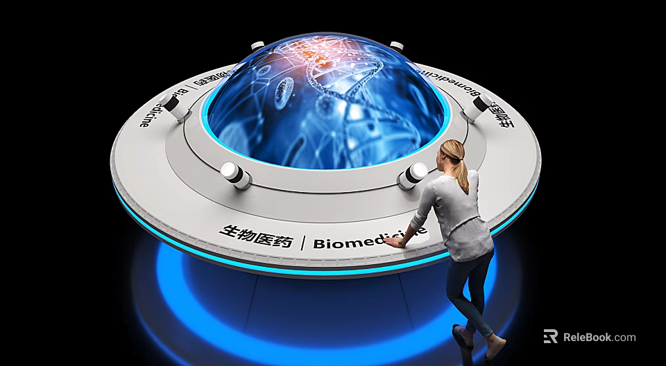 Biomedical Display Shelf with Blue Lighting and Internal Biomedical Patterns for Woman Operating 3d model 