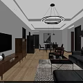 Modern Living and Dining Room Interior With TV Wooden Stand Gray Sofa And Dining Table