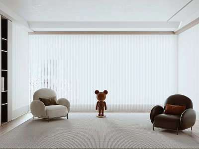 Modern Living Room with White Blinds Two Armchairs Stuffed Bear and Light Rug 3d model