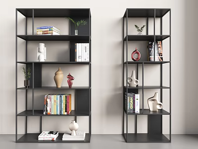 Modern Black Shelving Units With Books Decorations Green Plants Vases And Sculptures 3d model