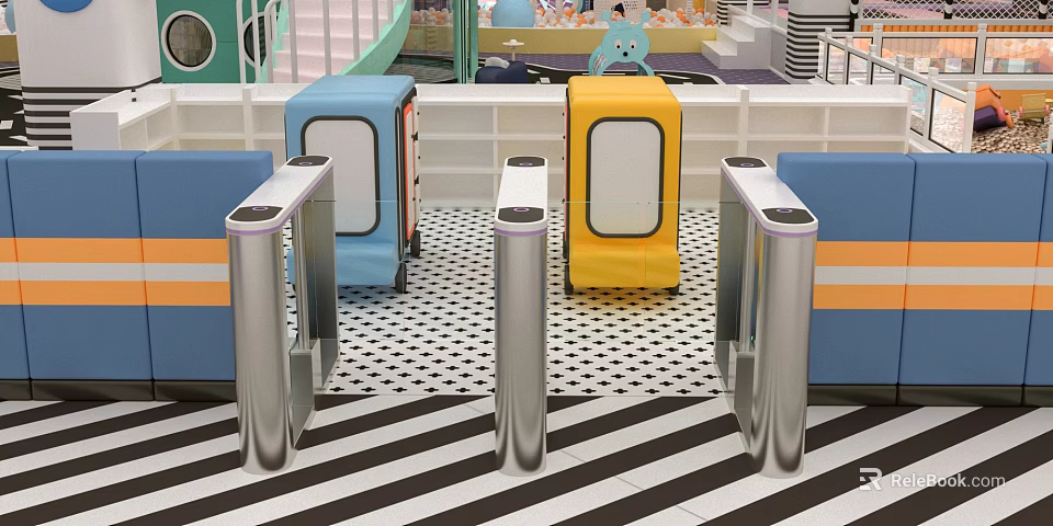 Public Facilities Featuring Modern Turnstiles Colorful Play Zones Striped Seats And Checkered Flooring 3d model 