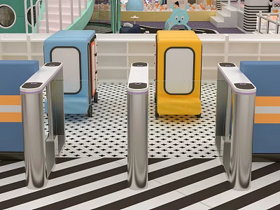 Public Facilities Featuring Modern Turnstiles Colorful Play Zones Striped Seats And Checkered Flooring 3d model