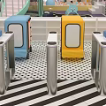 Public Facilities Featuring Modern Turnstiles Colorful Play Zones Striped Seats And Checkered Flooring