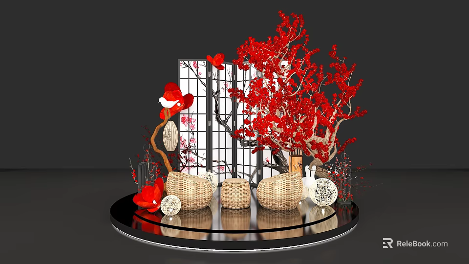 Festive Decorative Display With Red Tree Santa Hat Woven Baskets And Lanterns 3d model 