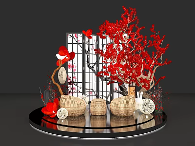 Festive Decorative Display With Red Tree Santa Hat Woven Baskets And Lanterns 3d model