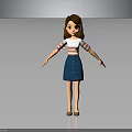Animated Female Character Wearing Red White Striped Shirt And Blue Denim Skirt With Brown Hair