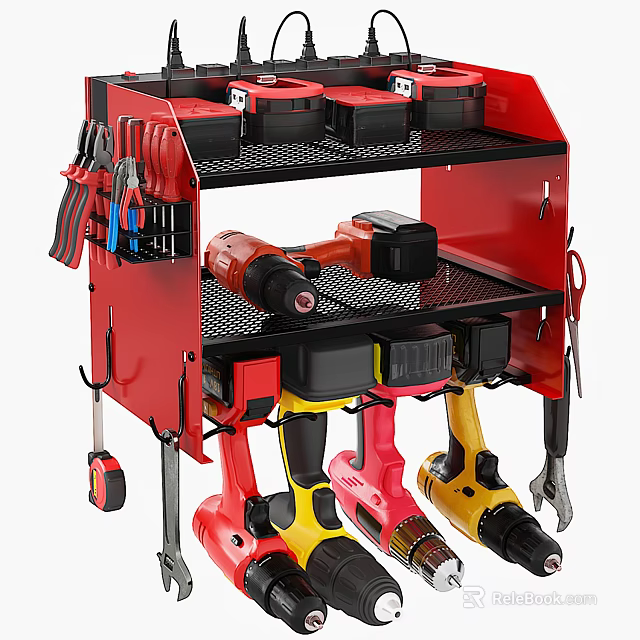 Red Tool Storage Rack With Drills Tool Boxes Pliers And Tape Measure 3d model 