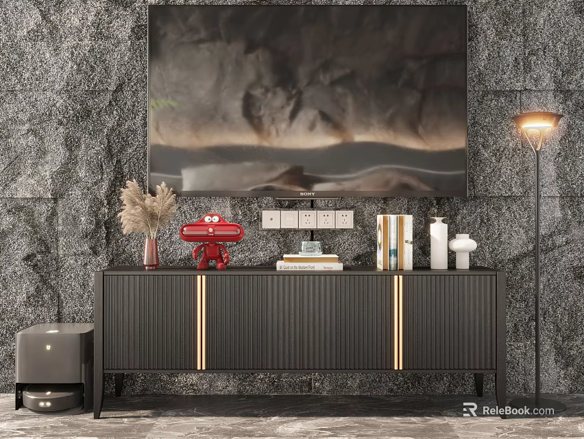 Dark TV Stand with Gold Accents against Stone Wall with Wall Art and Decorative Items 3d model 