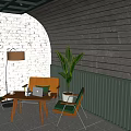 Cozy Cafe Setting With Brick Wooden Walls Floor Lamp Green Plant Brown Table Green Chairs