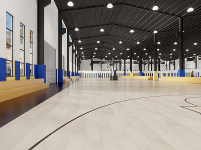 Bright Spacious Basketball Gymnasium Interior With Polished Wooden Floor And Overhead Lights 3d model