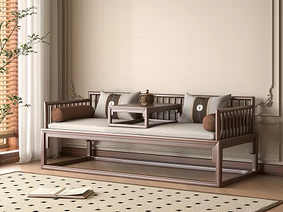 Traditional Chinese Daybed with Wooden Frame Decorative Cushions and Small Tea Table in Interior 3d model