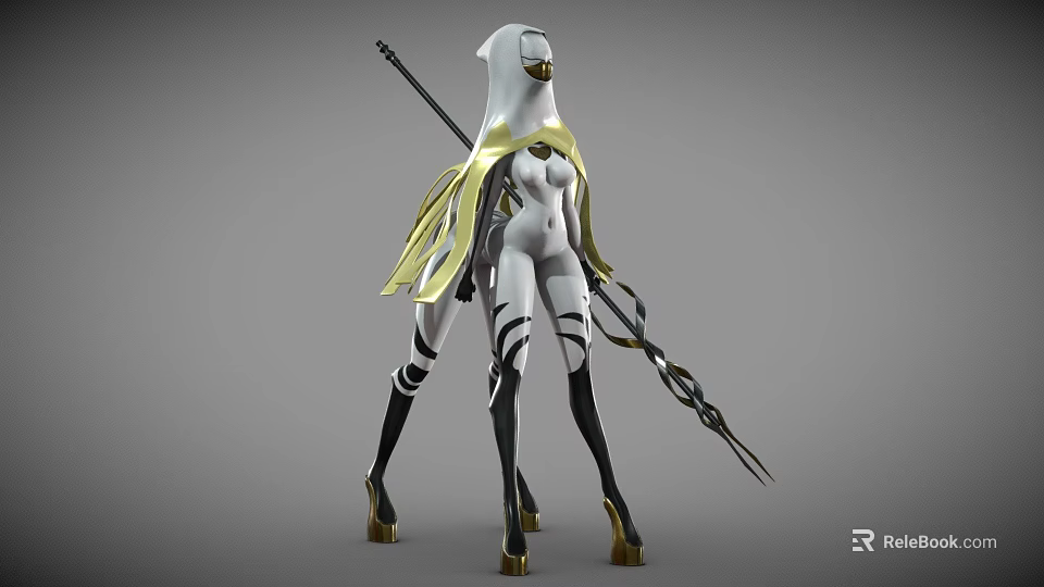 Game Movie Character In White Outfit Yellow Cape Black White Stripes And Spear Design 3d model 