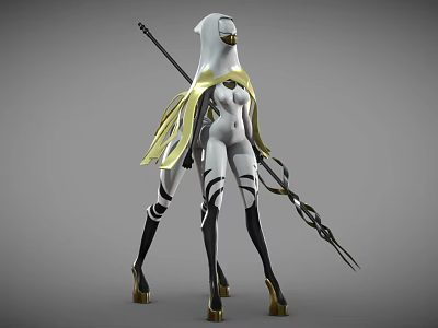 Game Movie Character In White Outfit Yellow Cape Black White Stripes And Spear Design 3d model