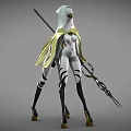 Game Movie Character In White Outfit Yellow Cape Black White Stripes And Spear Design
