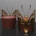 Artistic Golden Butterfly Wing Design Stools With Pink Upholstered Seats And Metal Frames