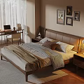Cozy Bedroom Interior With Wooden Bed Nightstand Desk Laptop Curtains And Wall Art Paintings
