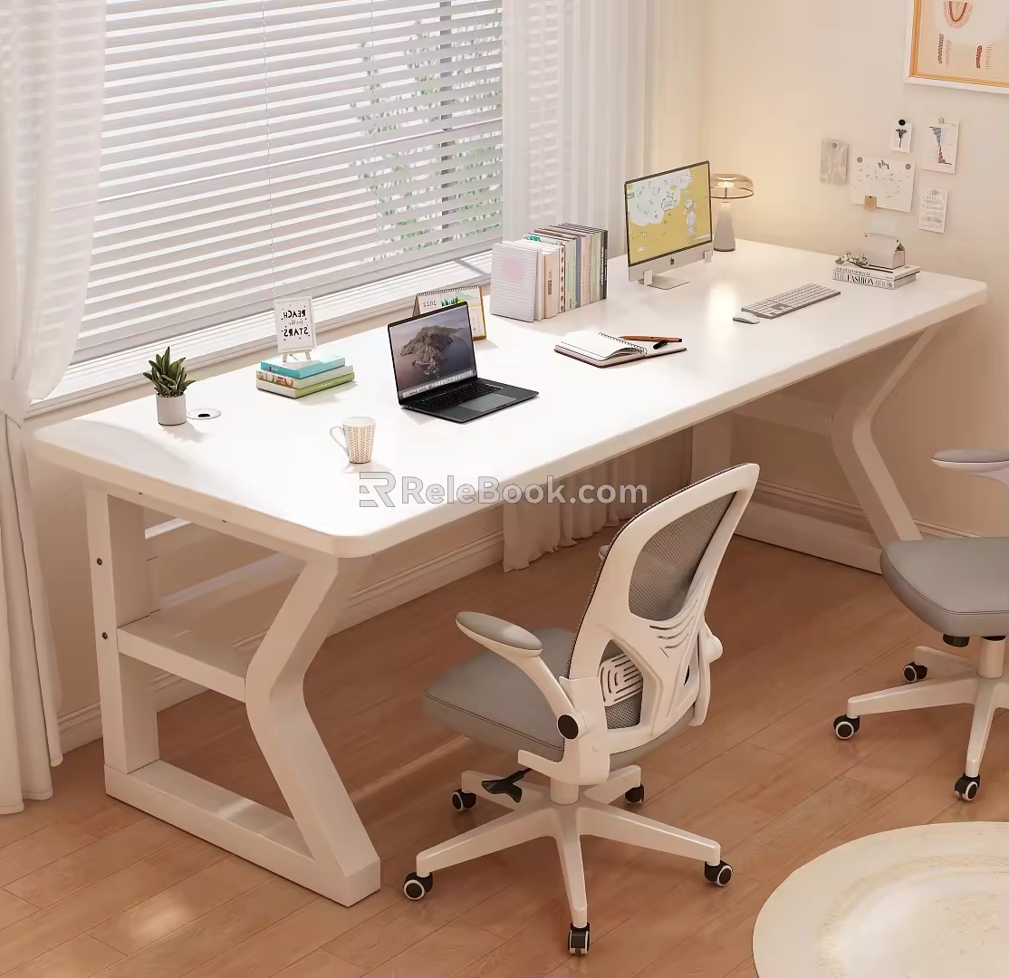 Desk book chair study chair computer notebook book paper table lamp ornaments desk calendar table green planting gauze curtain carpet pen coffee cup keyboard mouse post-it notes 3d model
