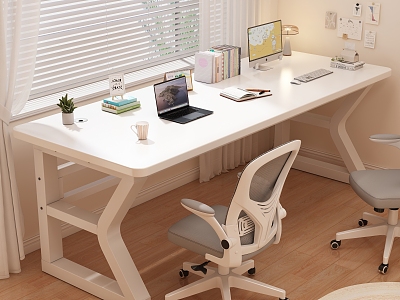 Desk book chair study chair computer notebook book paper table lamp ornaments desk calendar table green planting gauze curtain carpet pen coffee cup keyboard mouse post-it notes 3d model