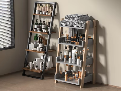 Modern Bathroom Shelves Displaying A Variety Of Toiletries And Accessories 3d model