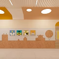 Bright School Interior With Yellow Ceiling Round Lights And Wall Display Frames 3d model