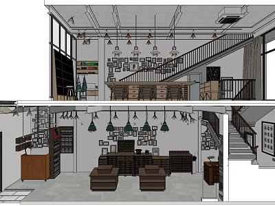 Public Office Space with Open Layout Pendant Lights Staircase Tables and Decorative Frames 3d model