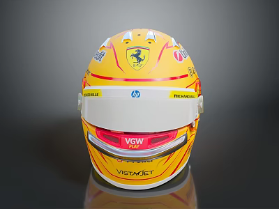 Yellow Race Car Helmet With Red Stripes Ferrari Logo And Sponsor Brands 3d model