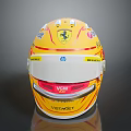Yellow Race Car Helmet With Red Stripes Ferrari Logo And Sponsor Brands