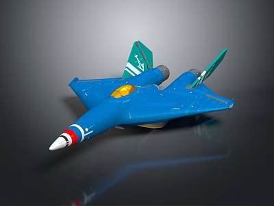 Blue Airplane Model with Green Wings Yellow Cockpit Red Blue Striped Nose on Dark Background 3d model
