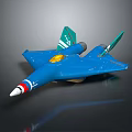 Blue Airplane Model with Green Wings Yellow Cockpit Red Blue Striped Nose on Dark Background