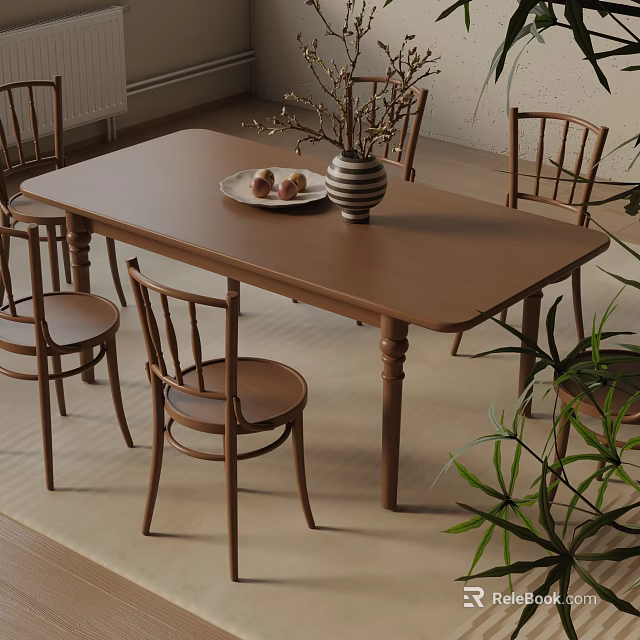 Wooden Dining Table Set with Chairs Vase Fruit Plate and Indoor Plant 3d model 