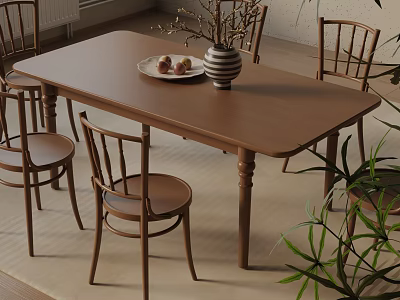Wooden Dining Table Set with Chairs Vase Fruit Plate and Indoor Plant 3d model