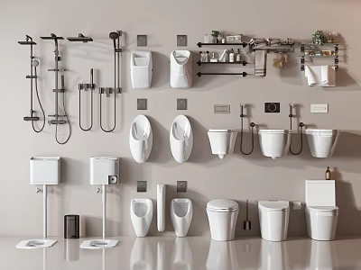 White Bathroom Suite Collection With Toilets Urinals Wash Basins Shower Systems And Shelves 3d model