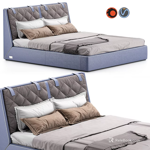 Modern Double Bed With Quilted Headboard Blue Frame And Soft Pillows 3d model 