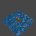 Wooden Pirate Ship With Blue Sails And Skull Emblem On Water Surface