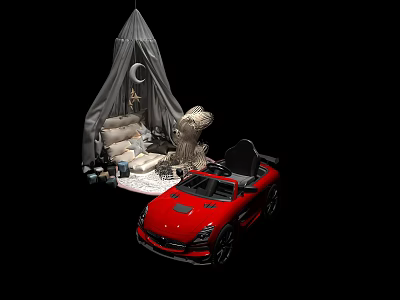 Electric Toy Red Convertible Car for Kids with Play Tent Cozy Sofa and Moon Decoration 3d model