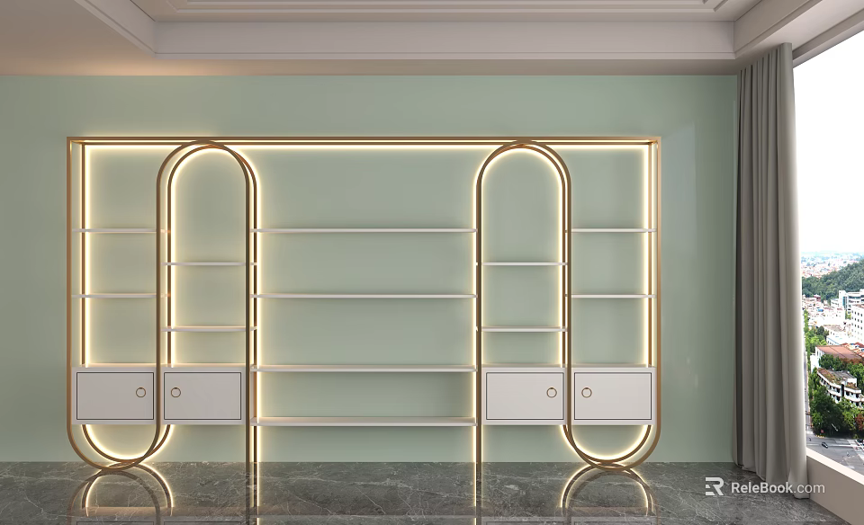 Modern Display Shelves With Golden Lines Arched Design And White Drawers Against Light Green Wall 3d model 